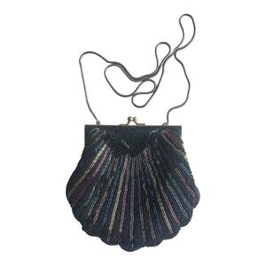 Vintage Lord & Taylor‎ Elegant Black Multicolor Shell Clutch with metal strap